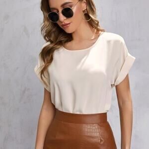 Shein Solid Rolled Sleeve Blouse Beige Medium